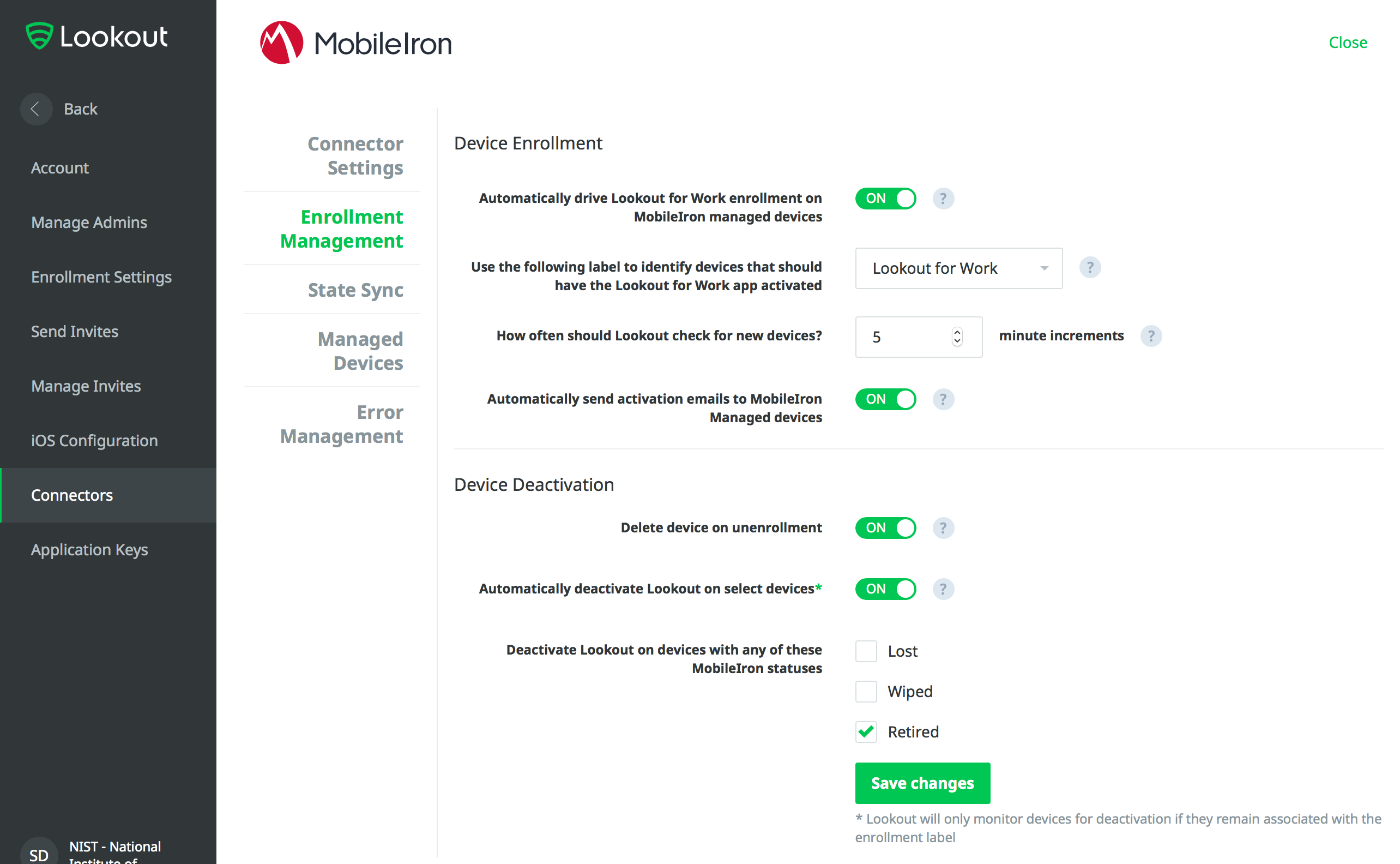 Lookout > System > Connectors: Device Enrollment Showing the Device Enrollment page, which has settings for how devices are enrolled and what actions should be taken upon unenrollment.