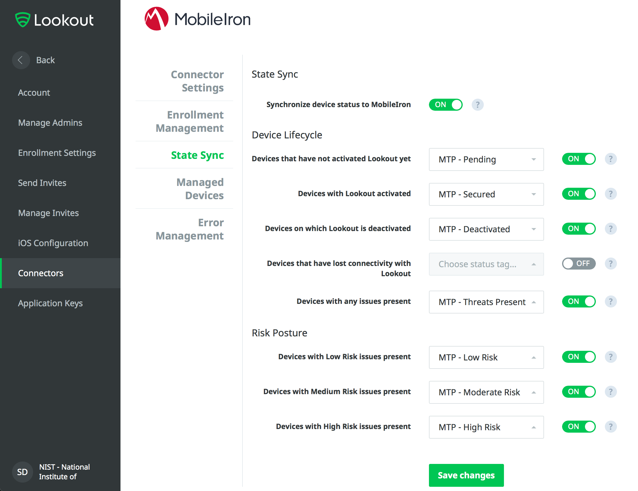 Lookout > System > Connectors: State Sync Showing the State Sync page in which the various detected device states are synchronized with specific MobileIron labels.
