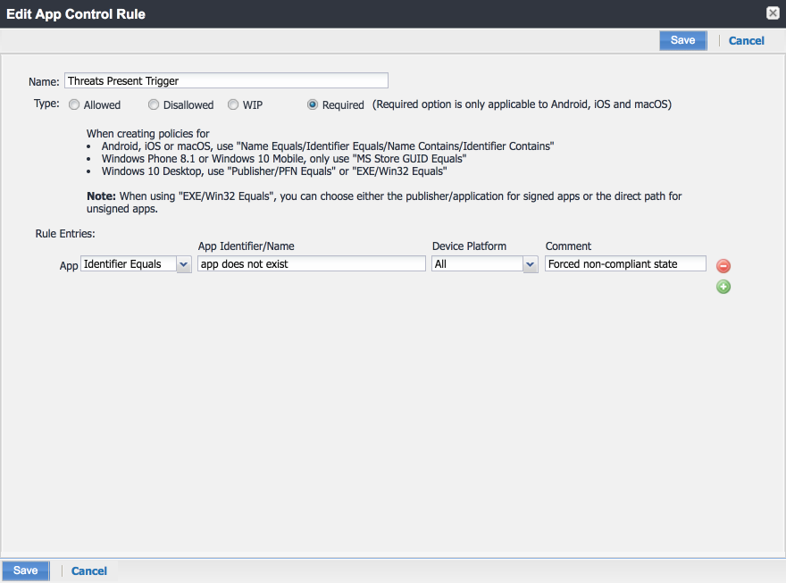 MobileIron: Edit App Control Rule Dialog Shows the Edit App Control Rule form dialog for the Threats Present Trigger, which makes a non-existent app Required to force the device to be in a non-compliant state.