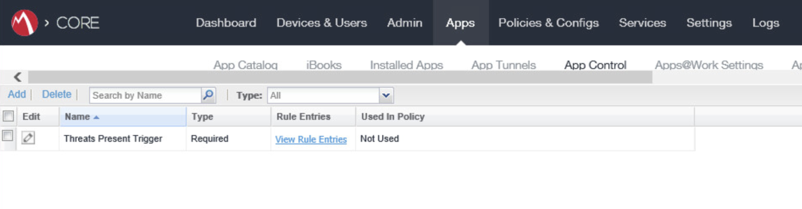 MobileIron > Apps > App Control Showing the created Threats Presnet Trigger.