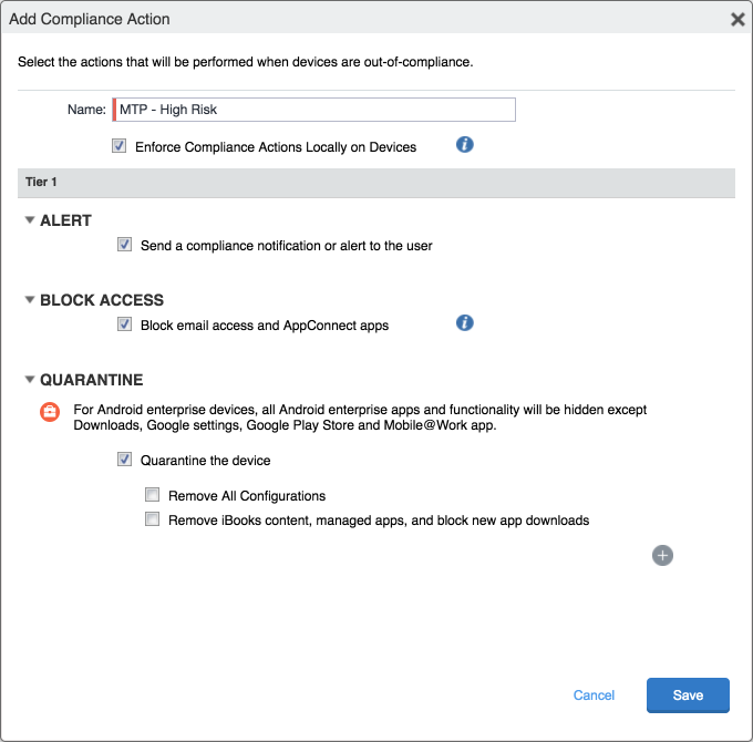 MobileIron: Add Compliance Action Dialog Shows the Add Compliance Action form dialig for the MTP - High Risk compliance action.