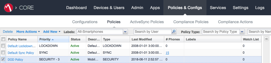 MobileIron > Policies & Configs > Policies Showing the list of MobileIron policies with a baseline security policy highlighted.