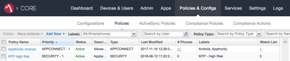 MobileIron > Policies & Configs > Policies Showing the list of policies with the MTP High Risk policy highlighted.