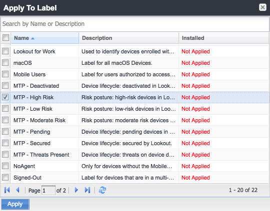 MobileIron: Apply To Labels Dialog Shoing the Apply To Labels form dialog with the MTP - High Risk label highlighted.
