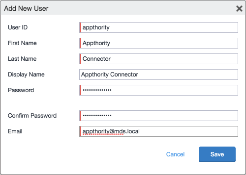 MobileIron: Add New User Dialog Shows the Add New User form dialog. Prompts the user to provide a User ID, First Name, Last Name, Display Name, Password, Confirm Password, and Email for the new user. Displays data for creating a new user for integration with the Appthority MTP cloud service.