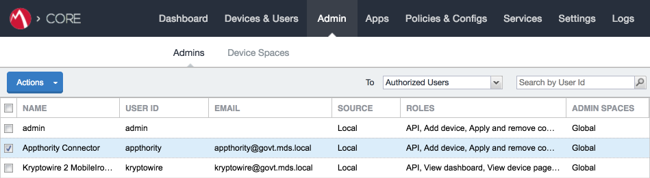 MobileIron > Admin > Admins Shows the list of administrative accounts for MobileIron with the Appthority Connector' user highlighted.