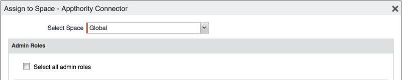 Showing the Assign to Space form dialog for the 'Appthority Connector' administrative account. This account has been assigned to the Global Space.