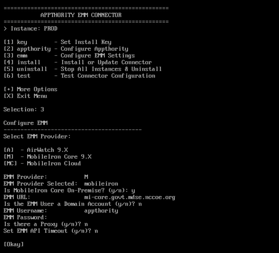 Showing our results from selection 3 (Configure EMM Settings) while running the Appthority EMM Connector Script.