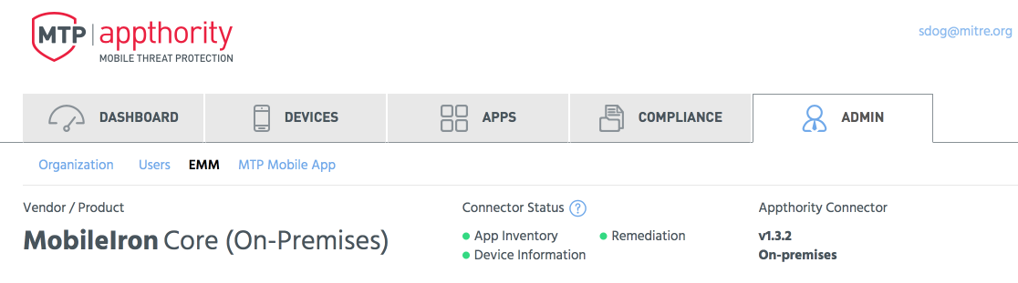 Appthority MTP Portal > Admin > EMM Showing the current status of the connector between the Appthority MTP service and the on-premises connector.