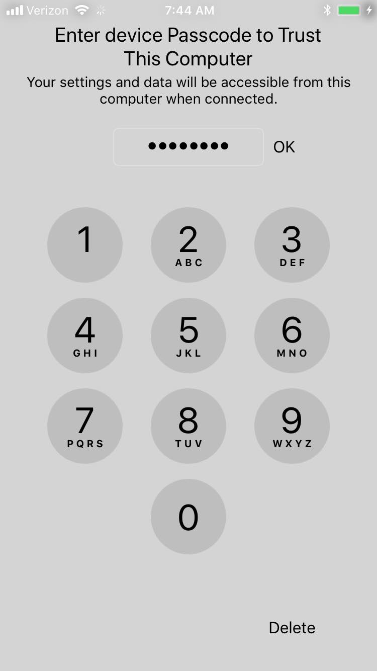 iOS > Enter device Passcode to Trust This Comptuer Prompt to enter the device passcode to give the connected computer access to its data and settings.