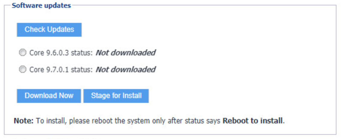 Shows the Core patch levels this instance can upgrade to. Specifically shows Core 9.6.0.3 and Core 9.7.0.1.