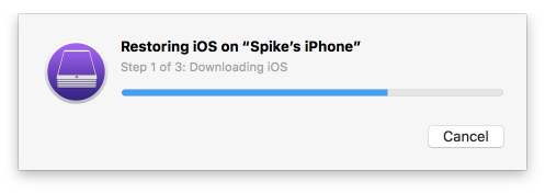 Configurator 2: Restoring iOS Shows the progress of the restoration of iOS to the connected iOS device.