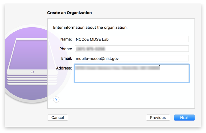 Organization information is entered on this screen for organization name, phone, email and address.