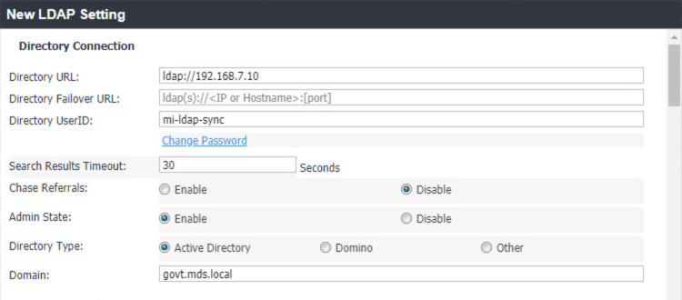 MobileIron New LDAP Setting: Directory Connection Shows configuration items for LDAP directory URL, user ID, password, LDAP domain, and query default settings.