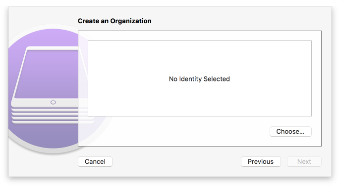 Configurator 2: Create and Organization Shows the initial empty selection of a digital certificate to use as the supervision identity in Configurator 2.