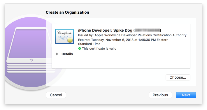Displays organization information, including developer name.
