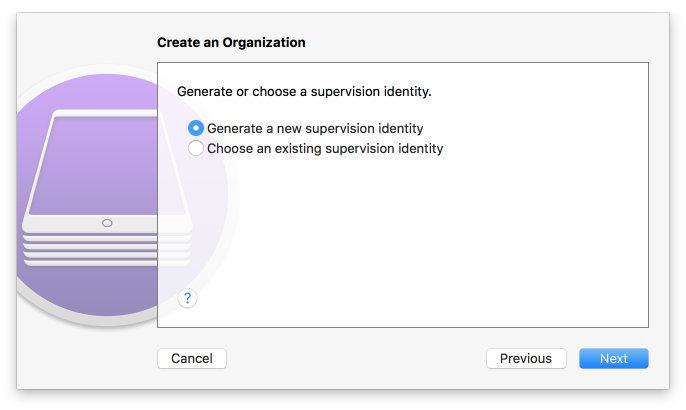 Configurator 2: Create an Organization Shows selection of the option to generate a new supervision identity for Configurator 2.