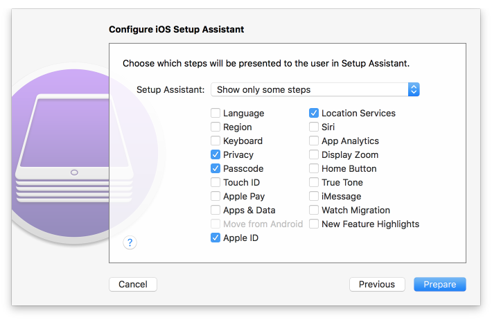 Configurator 2: Configure iOS Setup Assistant Shows the Privacy, Passcode, Apple ID, and Location Services steps as enabled for new device setup.
