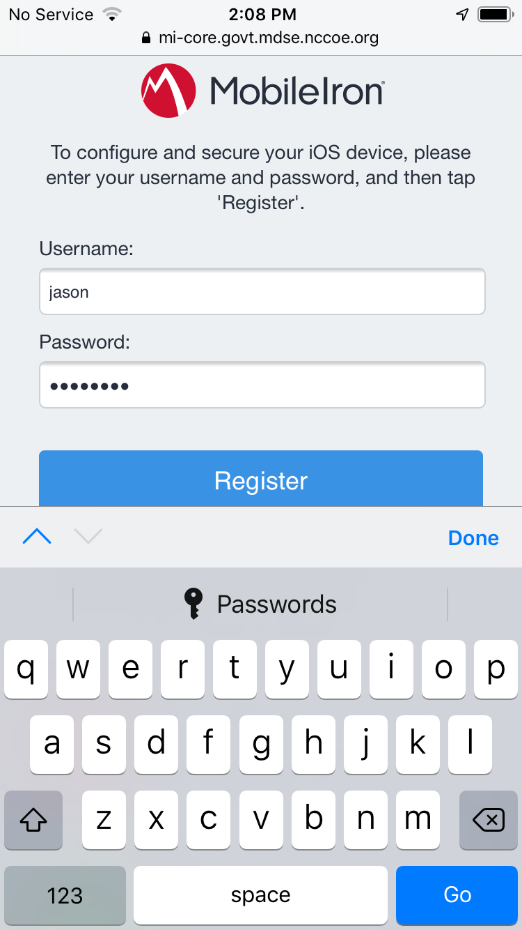 Registration page for username and password.