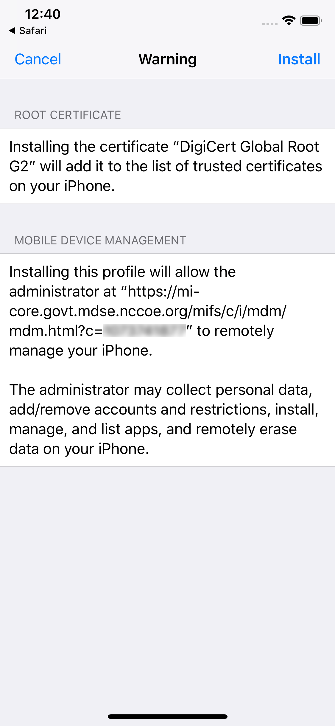 Profile installation warning, including root certificate information.