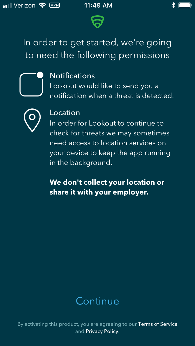 Lookout for Work: Permissions Informational screen in the Lookout for Work (iOS) app about permissions it will require and how they are used by Lookout.