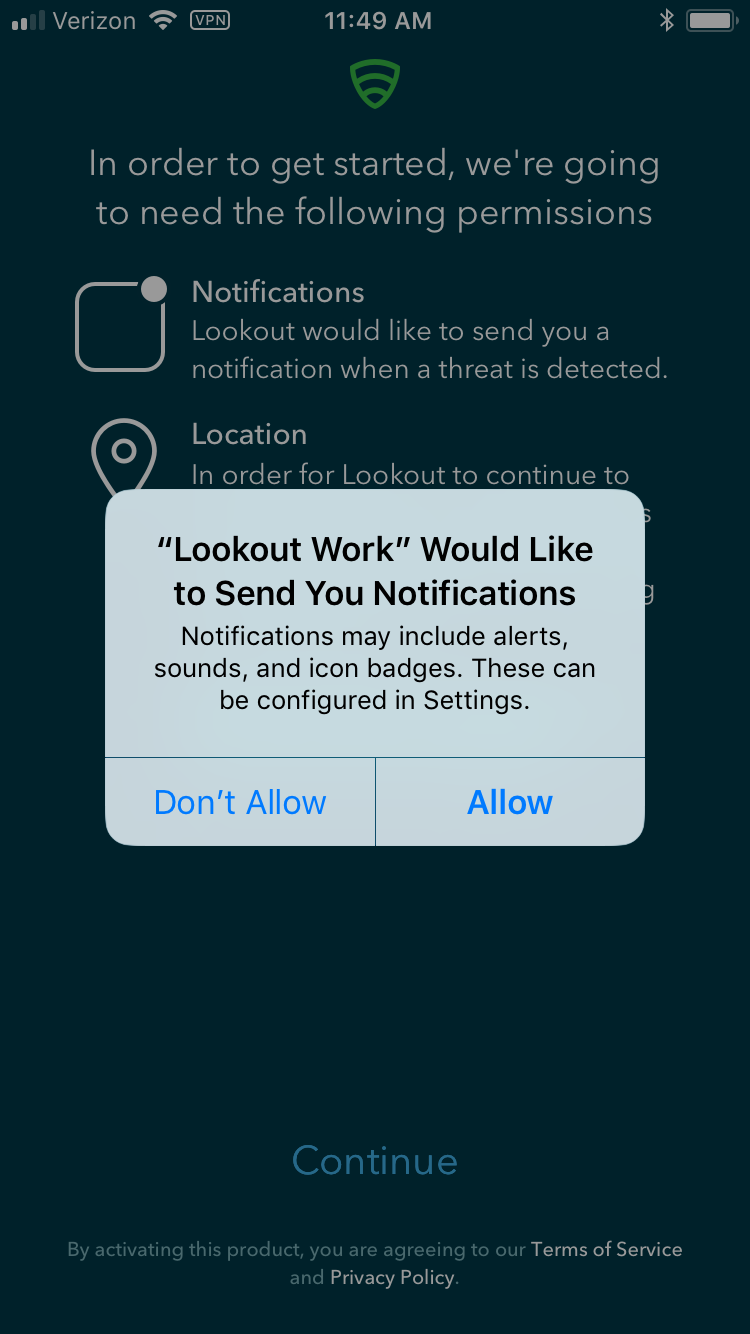 Lookout Work Notifications dialog Request by Lookout for Work (iOS) app for permission to access notification services.
