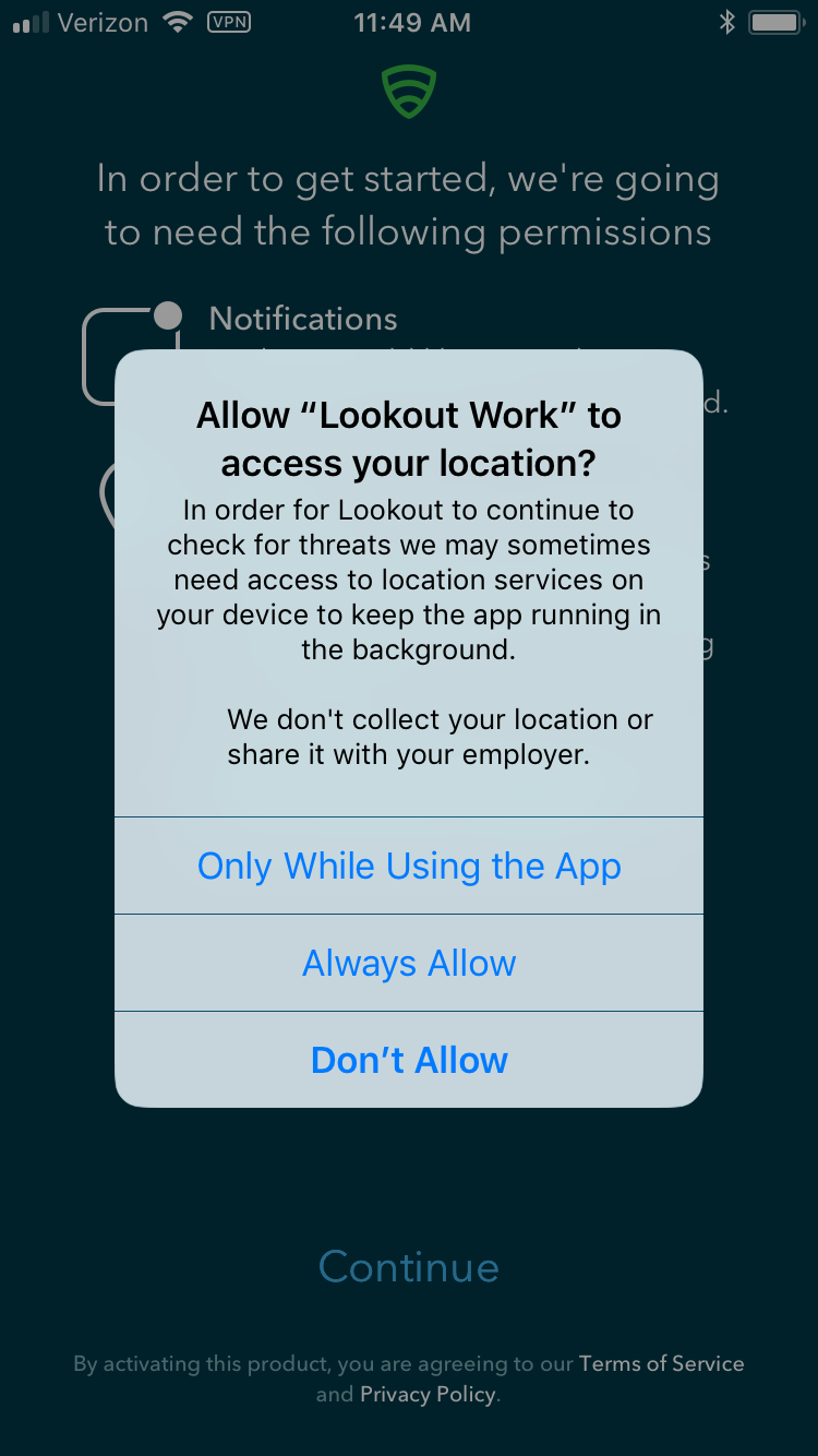 Lookout for Work: Location dialog Request by Lookout for Work (iOS) to access location services.