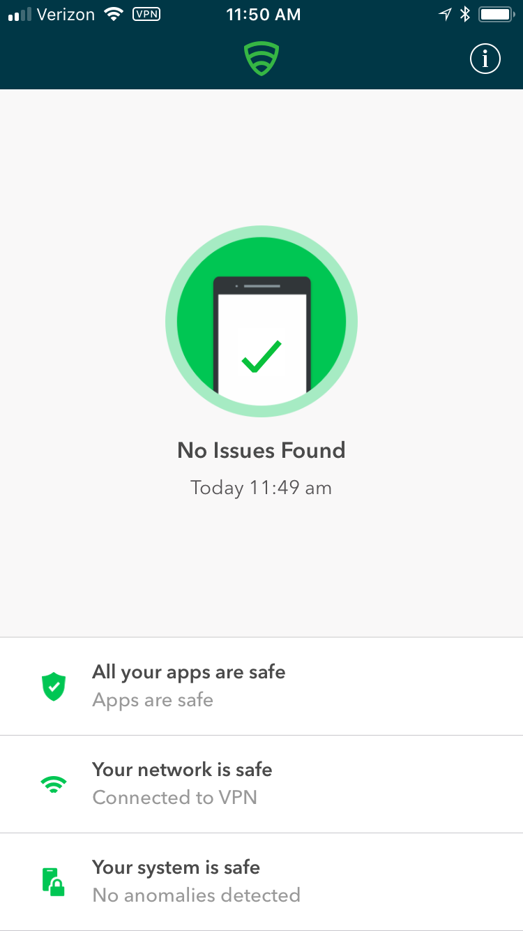 Lookout for Work View of the app following analysis of risks to the device, including installed apps, network connections, and device behavior.