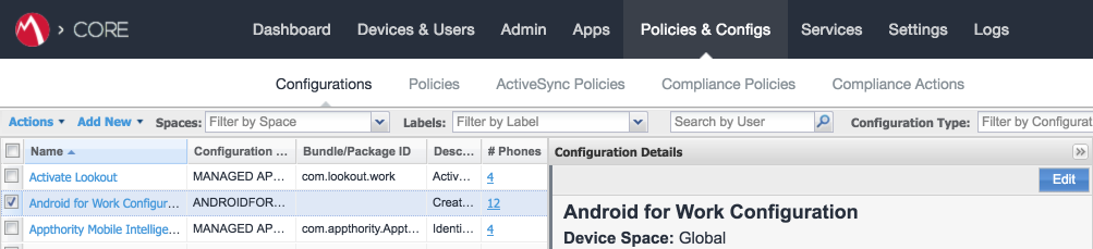 MobileIron Core Admin Portal > Policies & Configs > Configurations The Android for Work configuration has focus.