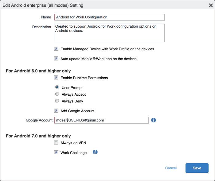 Edit Android enterprose (all modes) Setting dialog Highlights the location of form controls used to enable usage of Managed Device with Work Profile on the devices.