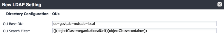 MobileIron New LDAP Setting: Directory Configuration - OUs Shows configuration items for Organizational Unit (OU) base Distinguished Name (DN) and OU search filter.