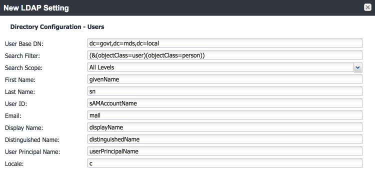 MobileIron New LDAP Setting: Directory Configuration - Users Shows configuration items for user base DN, search filter, scope, and LDAP user attributes.