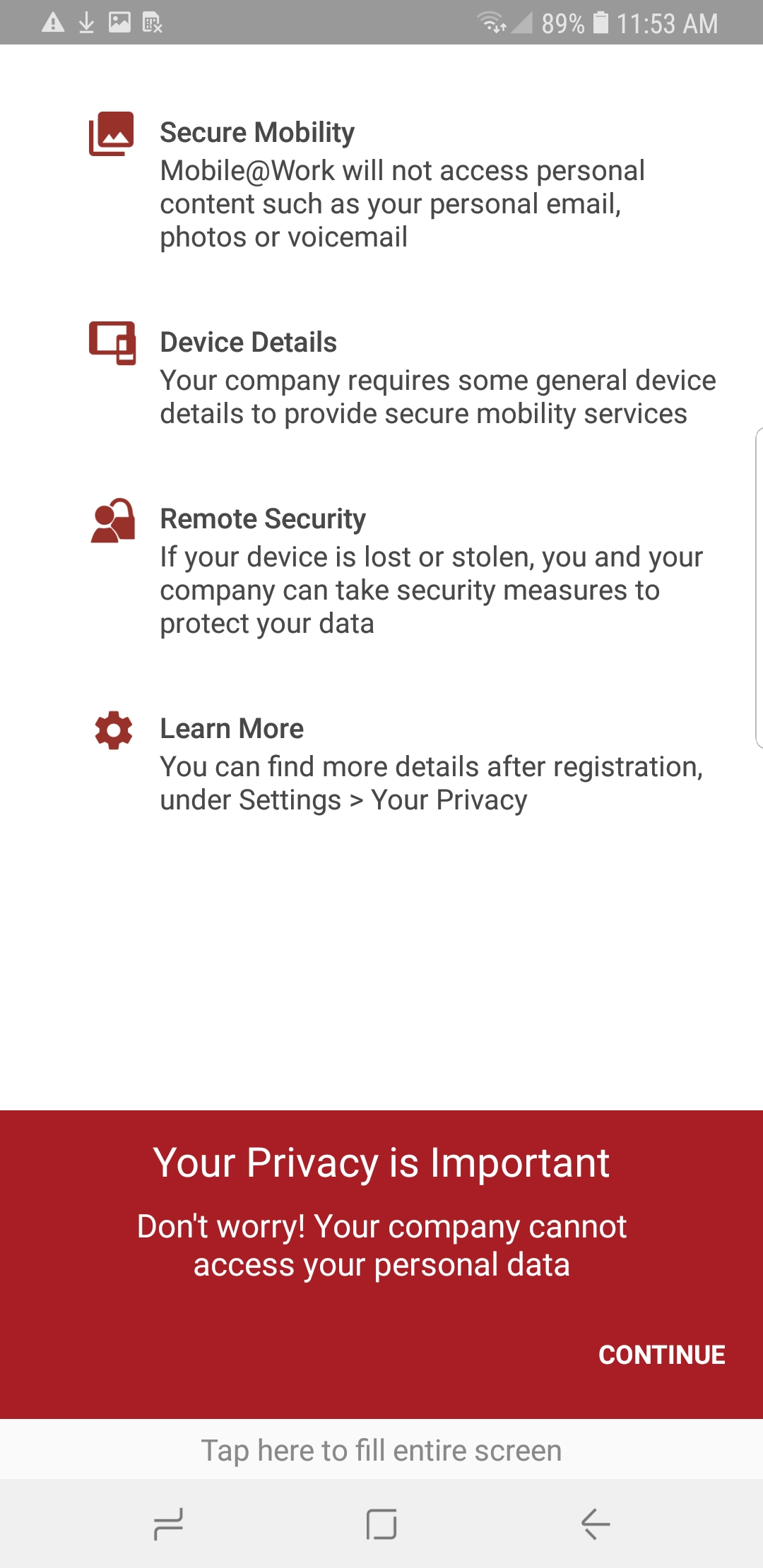 Mobile@Work privacy notice Information to the user about what information mobile@work collects and how that information is used.