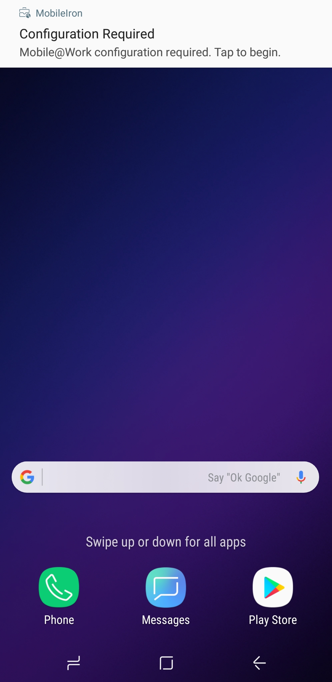 MobileIron Configuration Required notification Message to the user to configure MobileIron.