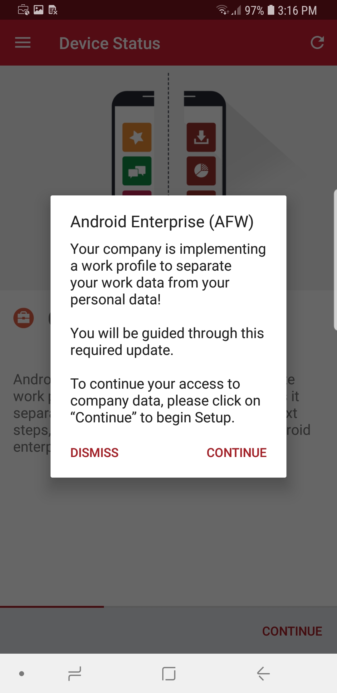 Android for Work (AFW) dialog Confirmation the user wants to create an AFW profile.