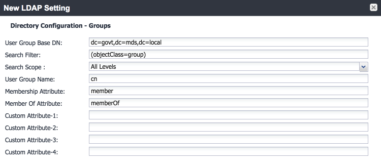 MobileIron New LDAP Setting: Directory Configuration - Groups Shows configuration items for user group base DN, filter, scope, and built-in and custom LDAP group attributes.
