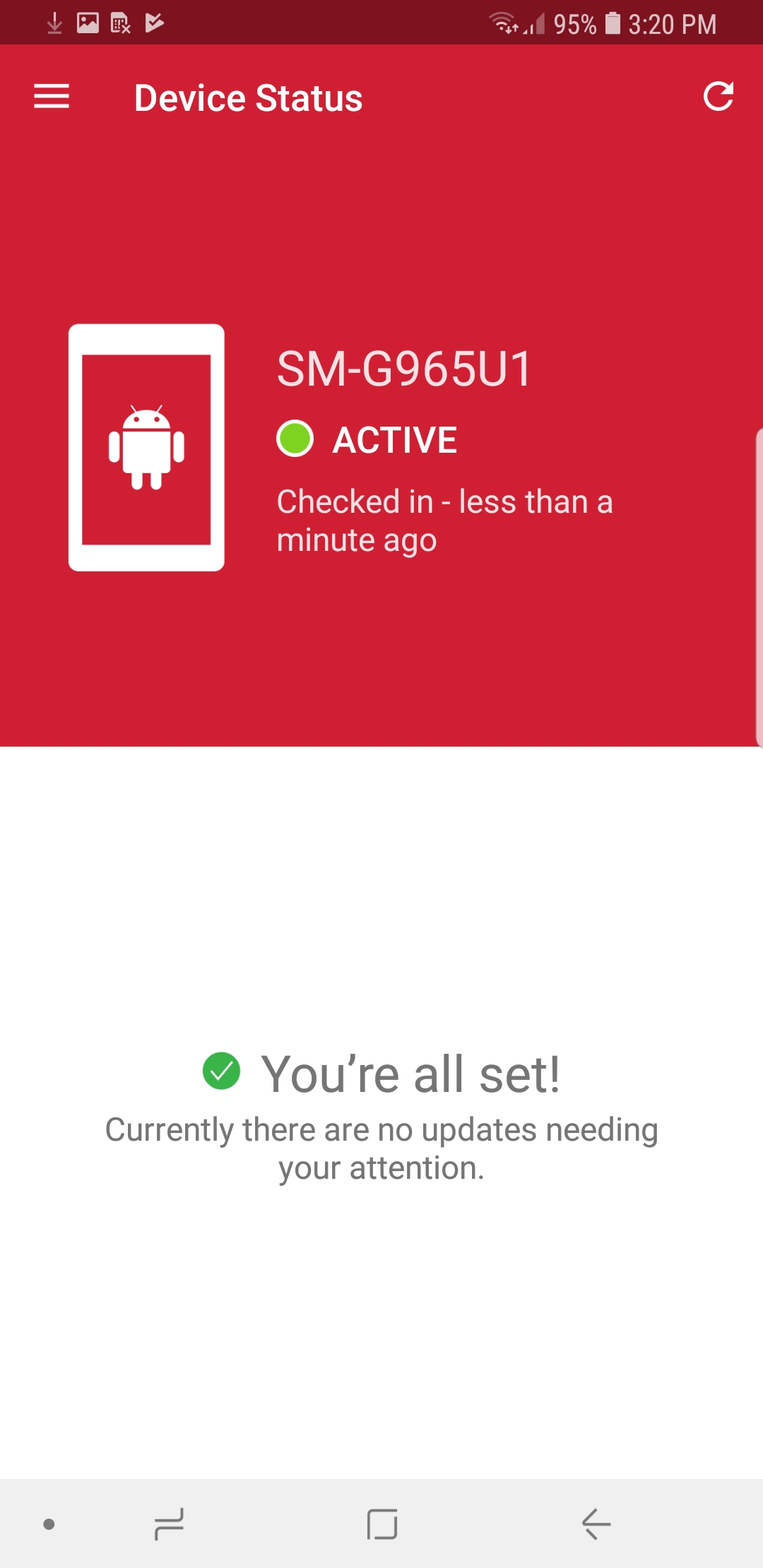 Mobile@Work > Device Status Screen showing details of the registered device.