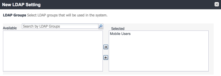 MobileIron New LDAP Setting: LDAP Groups Shows configuration items for LDAP groups used by MobileIron.