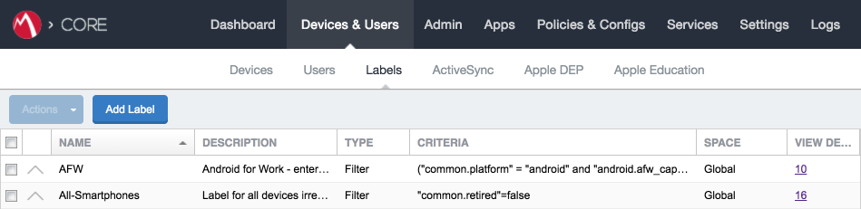 Shows list of labels and control for adding a new label.