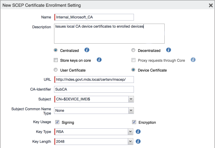 SCEP configuration settings display.