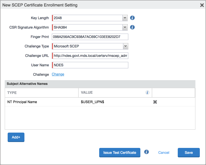 Configuration of SCEP certificate displayed.