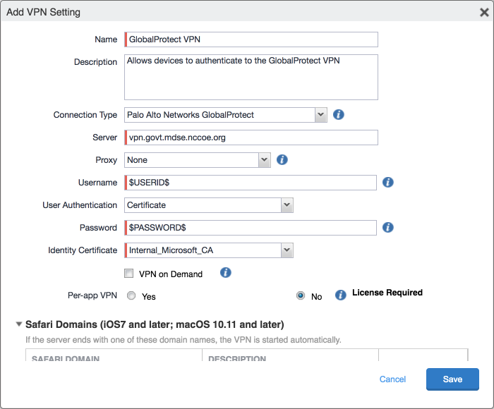 VPN settings display.