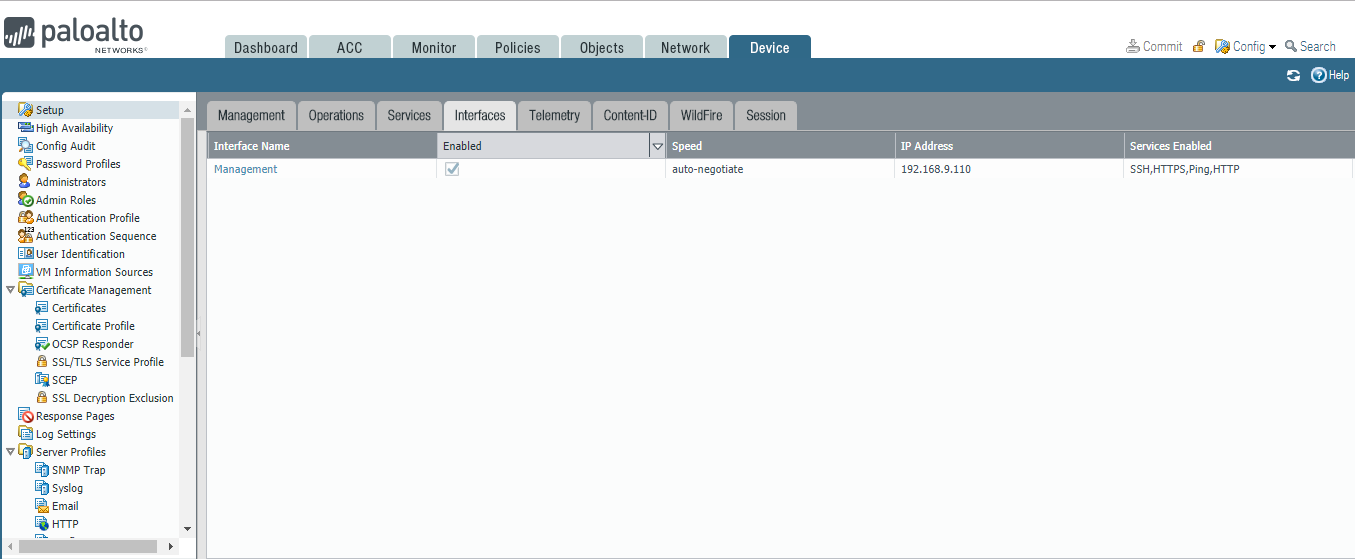Enabled interface display, showing auto-negotiate speed set.