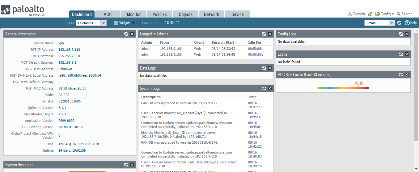 General information for VPN settings, including IP addresses and application version.