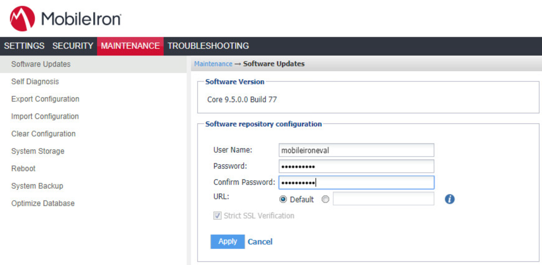 MobileIron Core System Manager > Mainenance > Software Updates Shows the interface to provide credentials to authenticate to MobileIron to download updates.