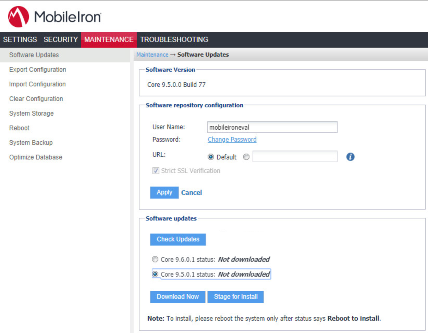 MobileIron Core System Manager > Mainenance > Software Updates Shows the options for versions of Core to upgrade to, with Core 9.5.0.1. currently selected.