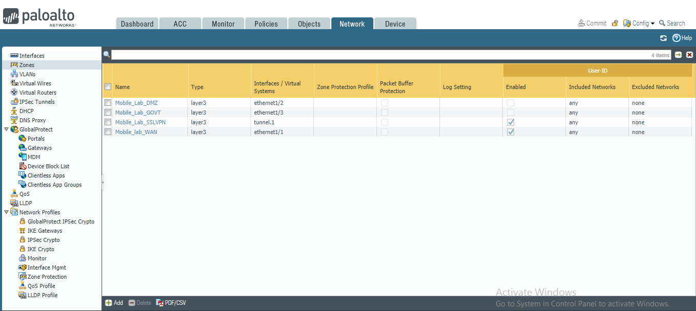 Network tab settings.