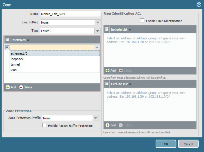 Interfaces settings.