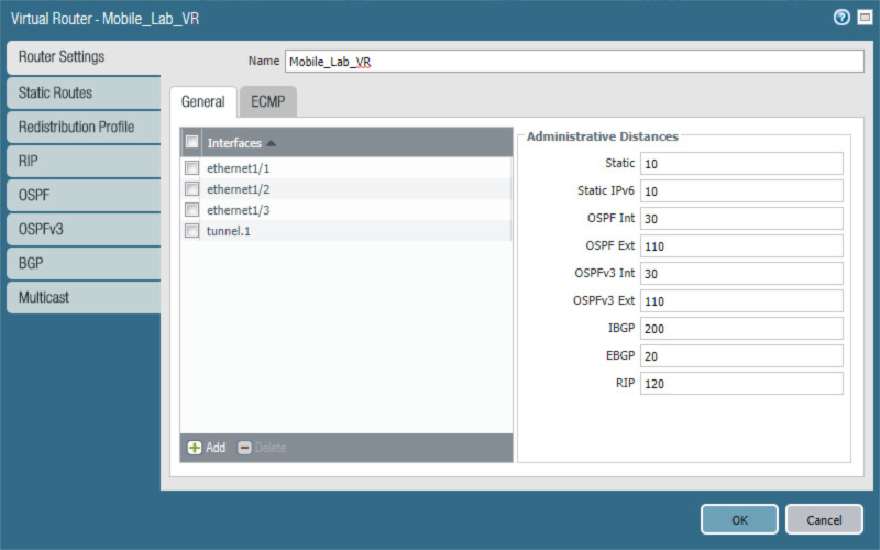 Mobile lab router settings, including ethernet interfaces.
