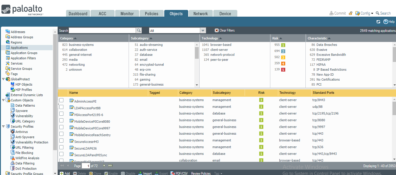 Display of category, subcategory, and technology application object filters.